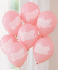 Lyserød ballon med hvid storketegning, perfekt til baby shower og barnedåb.