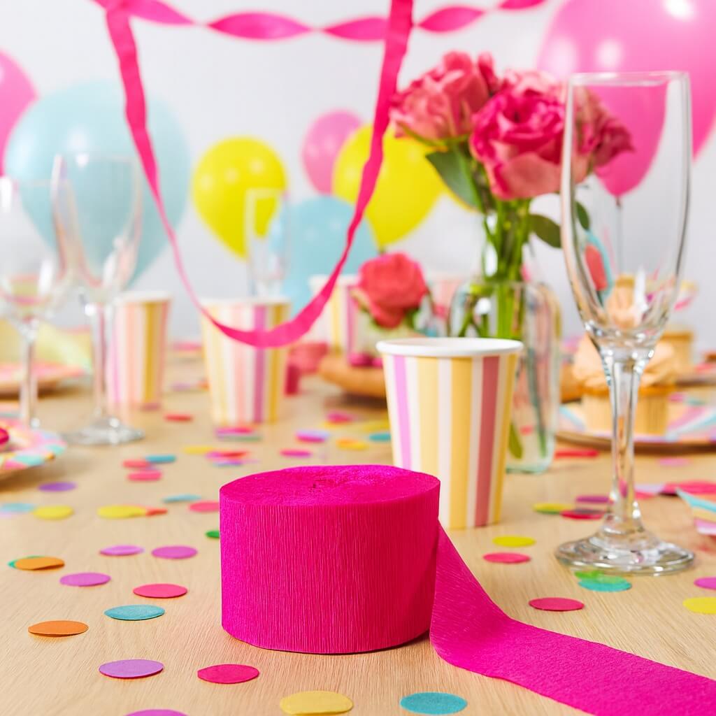 Hot pink crepepapir rulle på pyntet festbord med konfetti, balloner, blomster og festpynt