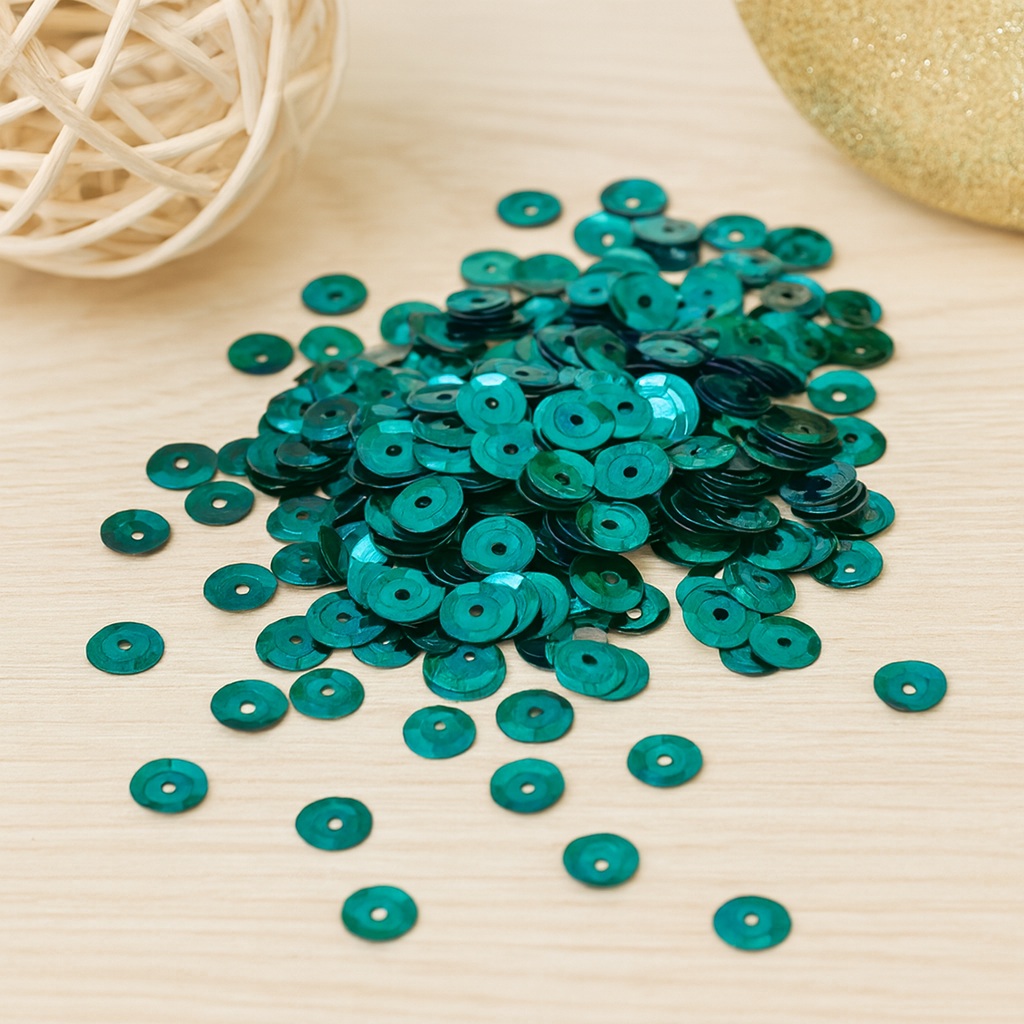 Turkise runde pailletter på 6 mm samlet i en bunke – 500 stk. dekorative pailletter til hobby og kreative projekter.