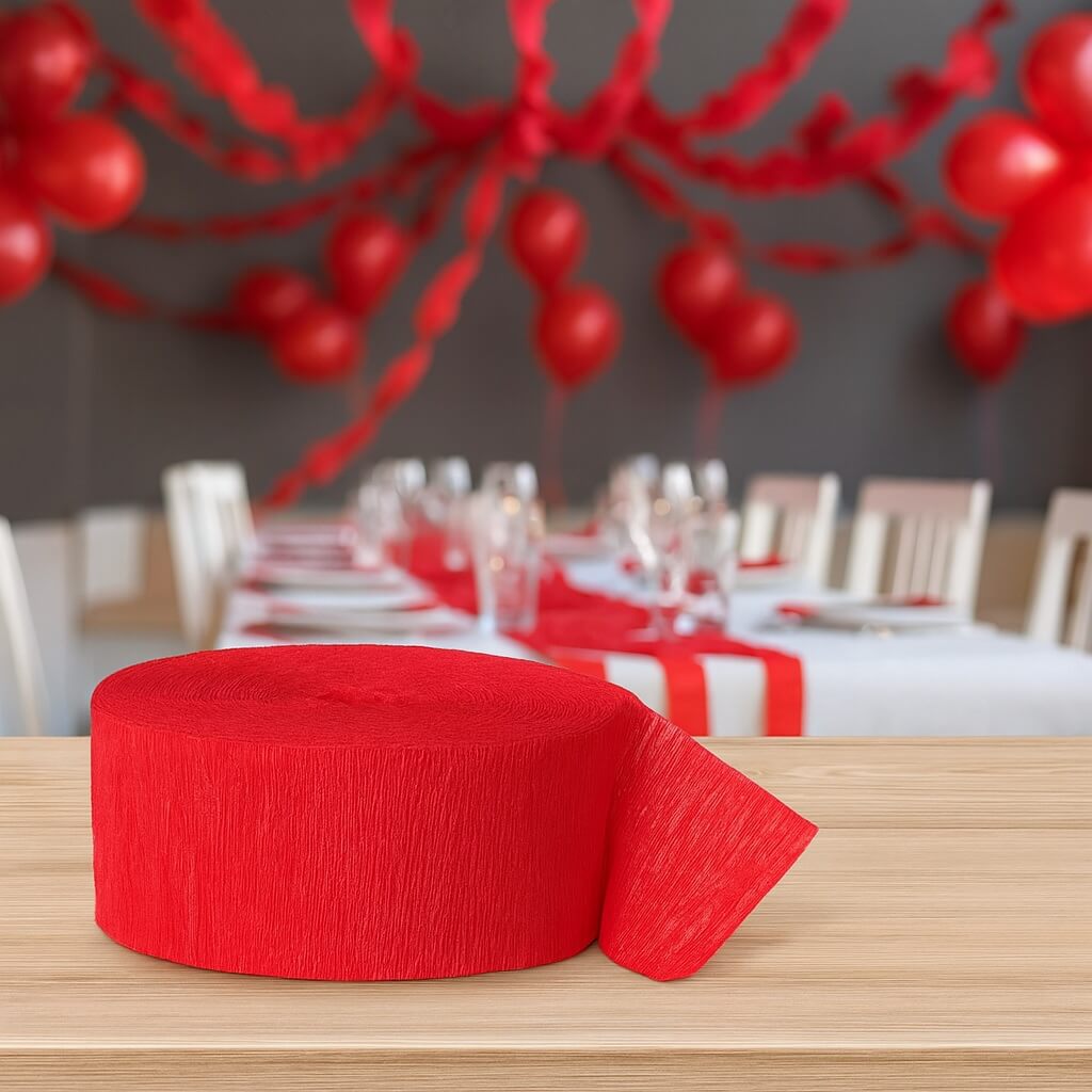 Rødt crepepapir og pakket rød streamer placeret på et rødt bord foran en baggrund med røde streamers, balloner og vimpler i et festligt miljø.