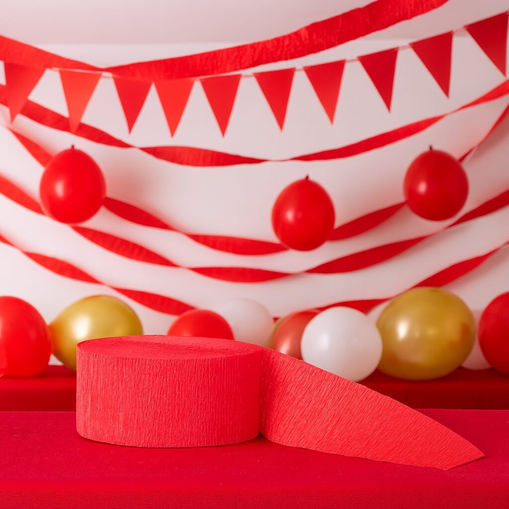 Rødt crepepapir og pakket rød streamer placeret på et rødt bord foran en baggrund med røde streamers, balloner og vimpler i et festligt miljø.
