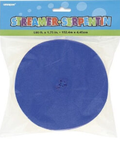 Indpakket blå crepepapir-streamer i klar plastpose med farverig etiket.