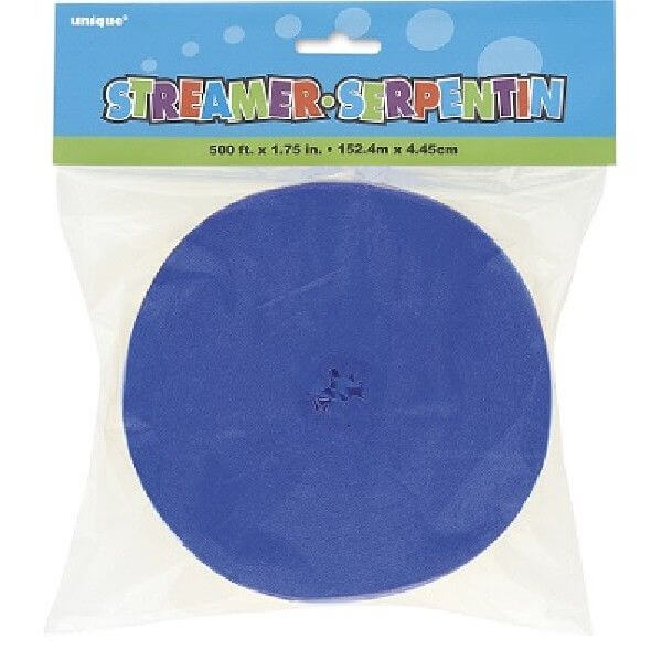 Indpakket blå crepepapir-streamer i klar plastpose med farverig etiket.