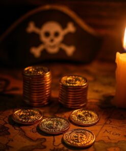 Plastikmønter med dollar-tegn på et skattekort foran pirathat og stearinlys i varm piratstemning.