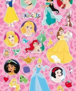 Stickersark med farverige Disney-prinsessefigurer og små dekorative klistermærker på pink baggrund.
