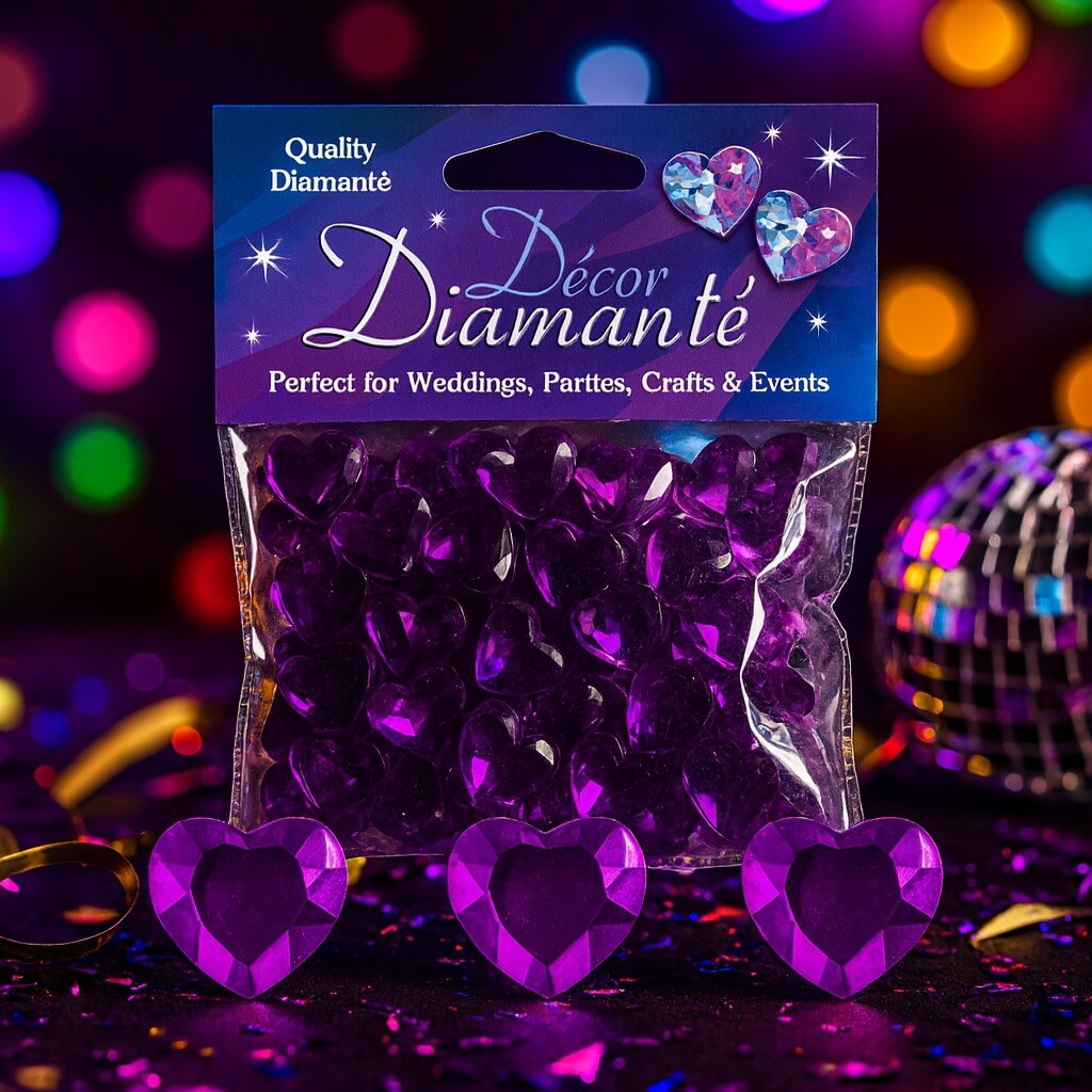 Festligt bord pyntet med lilla hjerte-diamanter, champagneglas og tændte lys omkring en pakke Décor Diamanté pyntesten.