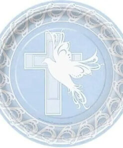 Lyseblå paptallerken med hvid due og kors til drenge-barnedåb.