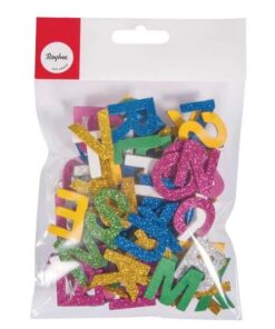 Pose med farverige selvklæbende mosgummi bogstaver med glitter – assorterede foam bogstaver til hobby og kreative projekter.