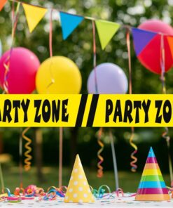 Gult “PARTY ZONE” bånd foran farverige balloner og partyhatte i et udendørs festmiljø.