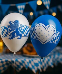 Oktoberfest-balloner i blå og hvid med bayerske motiver foran festlig baggrund med guirlander og lys.