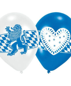 Blå og hvid Oktoberfest-balloner med løve- og hjertemotiv i bayersk mønster.