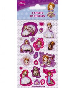 Sofia den Første stickerark med flere farverige Disney-klistermærker i pink og lilla.