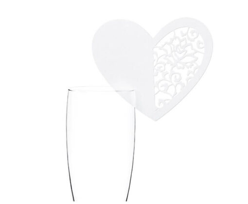 Hvide Perlemorsfarvet hjerte bordkort til glas