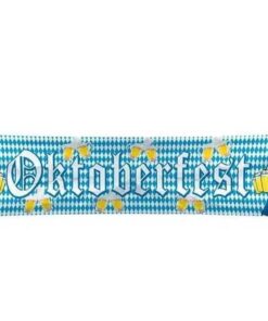 Oktoberfest-banner med blå-hvidt diamantmønster, gotisk tekst og illustrationer af to kvinder i dirndl, der holder ølkrus.
