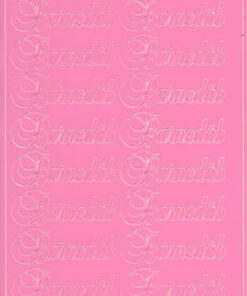 Lyserødt ark med gentagne “Barnedåb” stickers i dekorativ skrifttype.