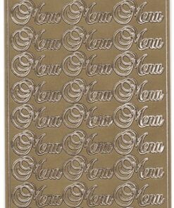 Ark med guldstickers med teksten “Menu” i dekorativ skrifttype.