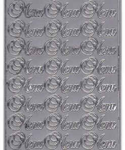 Stickers med teksten "Menu" i sølv metallic – dekorative selvklæbende labels til menukort og festdekoration.