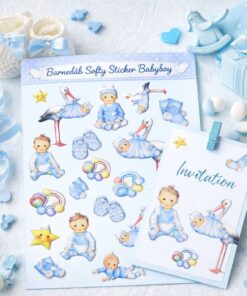 Barnedåb Softy Sticker Babyboy med invitation og barnedåbs pynt i blåt tema til drenge barnedåb
