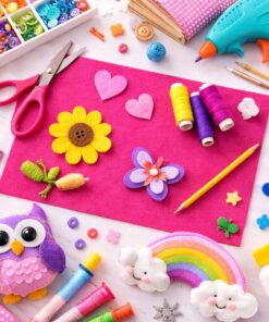 Hobbyfilt 3mm i cyclamen farve brugt til kreative hobbyprojekter med filtfigurer, sytråd og DIY materialer