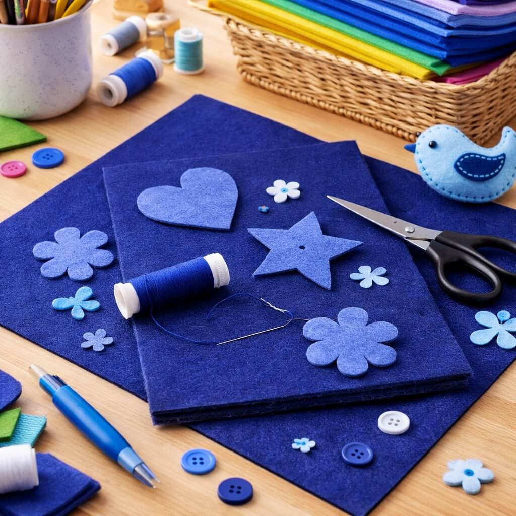 Stemningsbillede af mørk blå hobbyfilt 3 mm brugt i kreativt hobbyprojekt med saks, tråd og filtfigurer