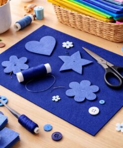 Mørk blå hobbyfilt 3 mm brugt i kreativt hobbyprojekt med saks, tråd og filtfigurer