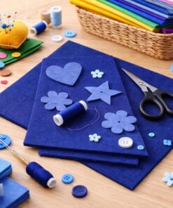 Stemningsbillede af mørk blå hobbyfilt 3 mm i kreativt hobbyprojekt med saks, tråd og filtfigurer