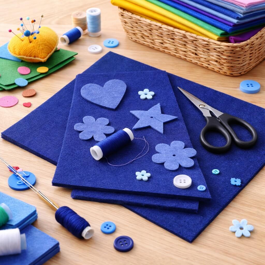 Stemningsbillede af mørk blå hobbyfilt 3 mm i kreativt hobbyprojekt med saks, tråd og filtfigurer