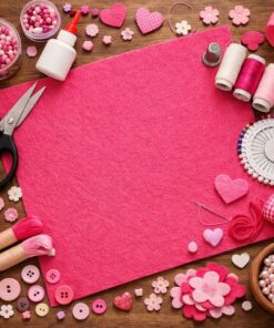 Pink hobbyfilt 3 mm omgivet af hobbyartikler som saks, tråd, knapper og perler