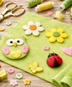 Kreativt hobbyprojekt med hobbyfilt 3 mm i pistacie grøn, brugt til figurer, blomster og DIY dekoration.