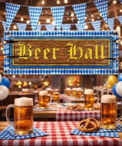 Beer Hall skilt som Oktoberfest dekoration i pyntet festlokale med ølkrus, pretzels og bayerske flag.