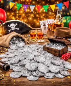 Sølvmønter i plast brugt som festpynt til piratfest, cowboyfest og casino fest med skattekiste, hatte og spillekort.