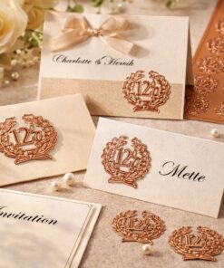 Kobberfarvede 12½ stickers på invitationer og bordkort med elegant laurbærkrans.
