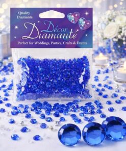 Safirblå pynte diamanter i pose med dekorationssten som bordpynt til bryllup, barnedåb og fest