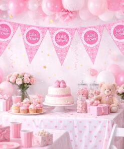 Babyshower vimpel guirlande til pige ophængt over pyntet baby shower-festbord