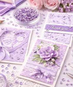 Håndlavede kort dekoreret med lys lilla rhinsten 3 mm, perler og blomster til kortfremstilling og scrapbooking.