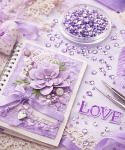 Scrapbook dekoreret med lys lilla rhinsten 3 mm, blomster og perler til kreativ hobby.