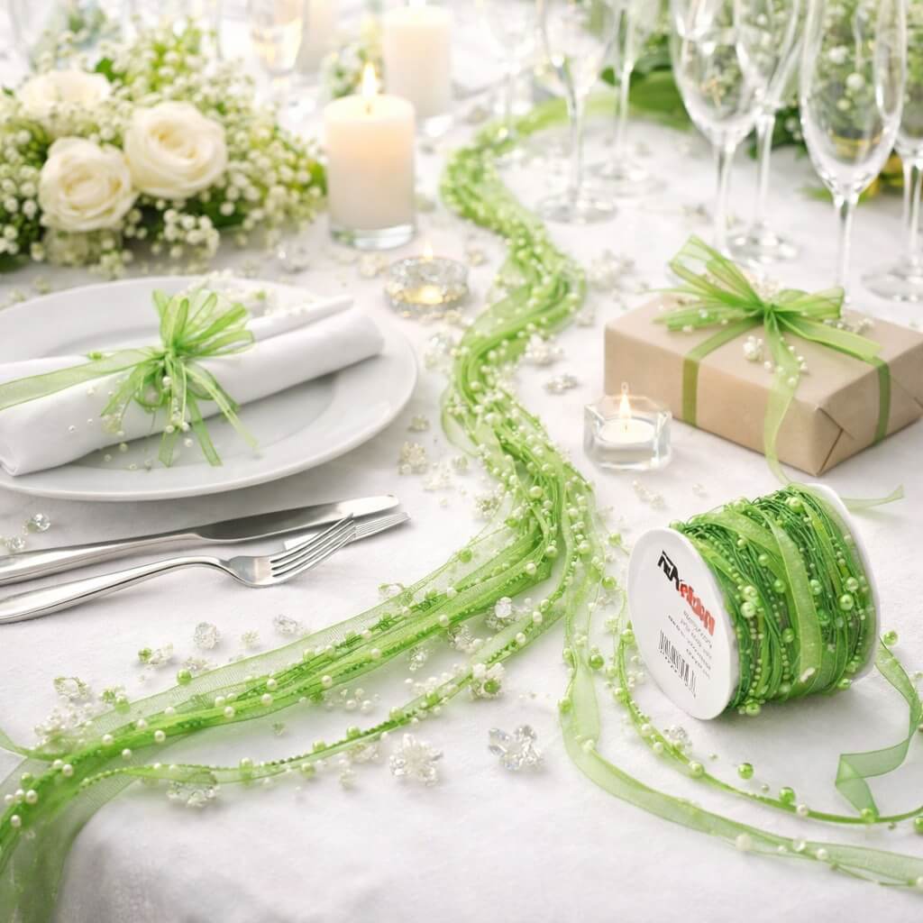 Grønt satinbånd med perler på rulle brugt som bordpynt på elegant festbord med lys, blomster og opdækning