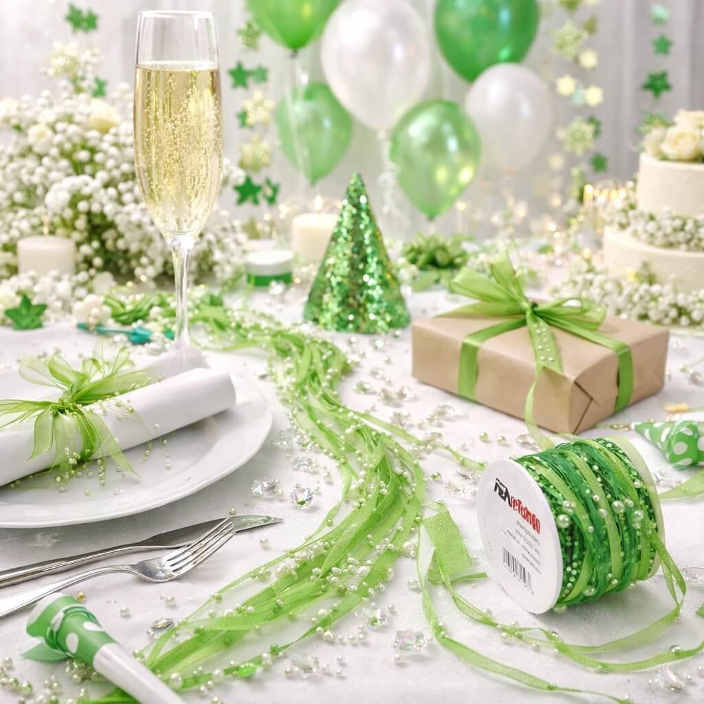 Grønt satinbånd med perler brugt som bordpynt på festbord med champagneglas, gaver og grøn dekoration