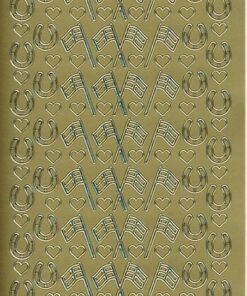 Guld stickers med flag, hestesko og hjerter til kortfremstilling og scrapbooking