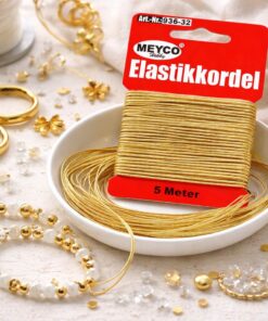 Guldfarvet elastiksnor 1 mm brugt til smykkefremstilling med perler og DIY armbånd på kreativ arbejdsflade