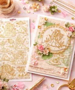 Håndlavet kort dekoreret med 3D peel off stickers af Tommelise i guld, omgivet af blomster, blonder og hobbyartikler til kortfremstilling.