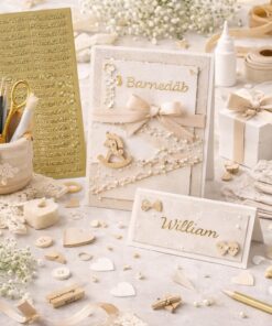 Kreativ kortfremstilling til barnedåb med guld stickers, håndlavede kort, bordkort og hobbyartikler i lyse nuancer