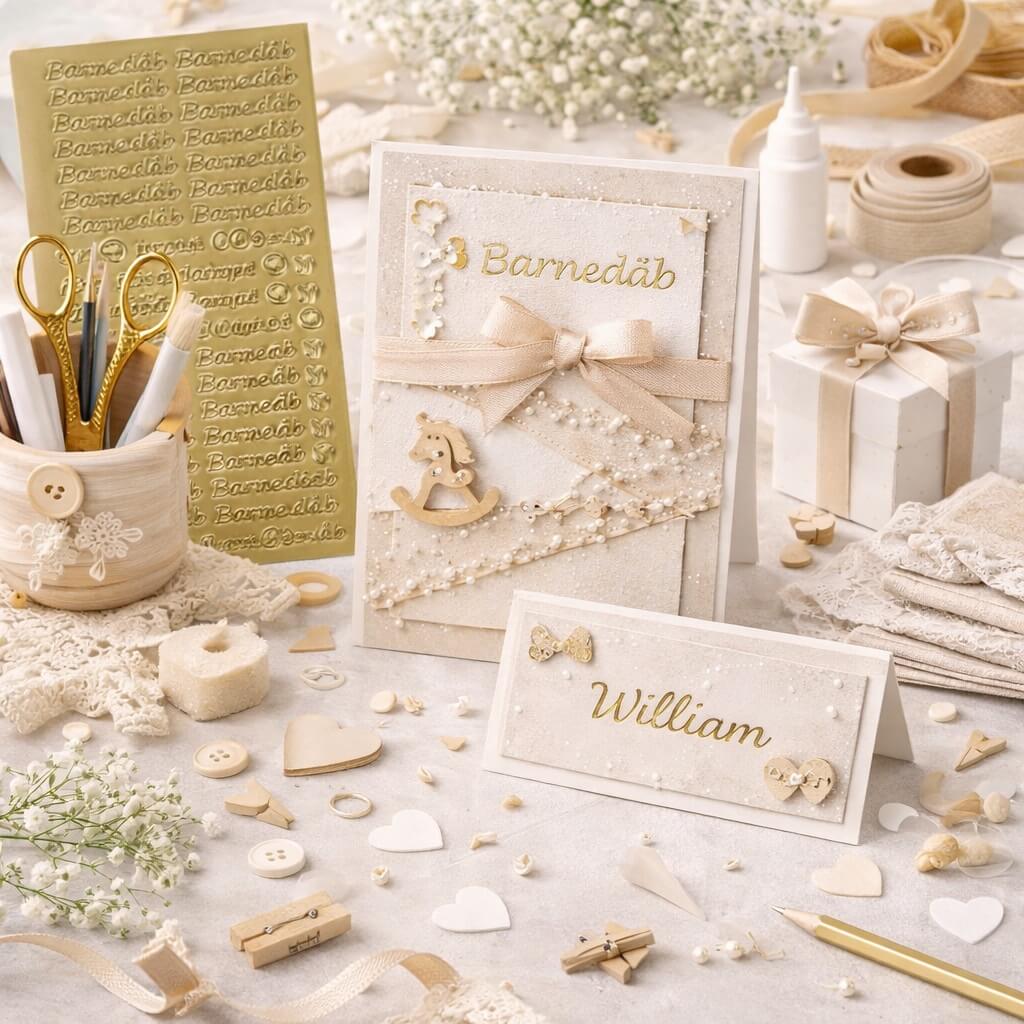 Kreativ kortfremstilling til barnedåb med guld stickers, håndlavede kort, bordkort og hobbyartikler i lyse nuancer