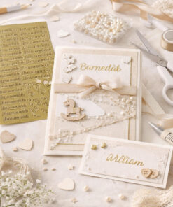 Stemningsbillede af barnedåb med guld stickers brugt til kortfremstilling, bordkort og kreative hobbyprojekter