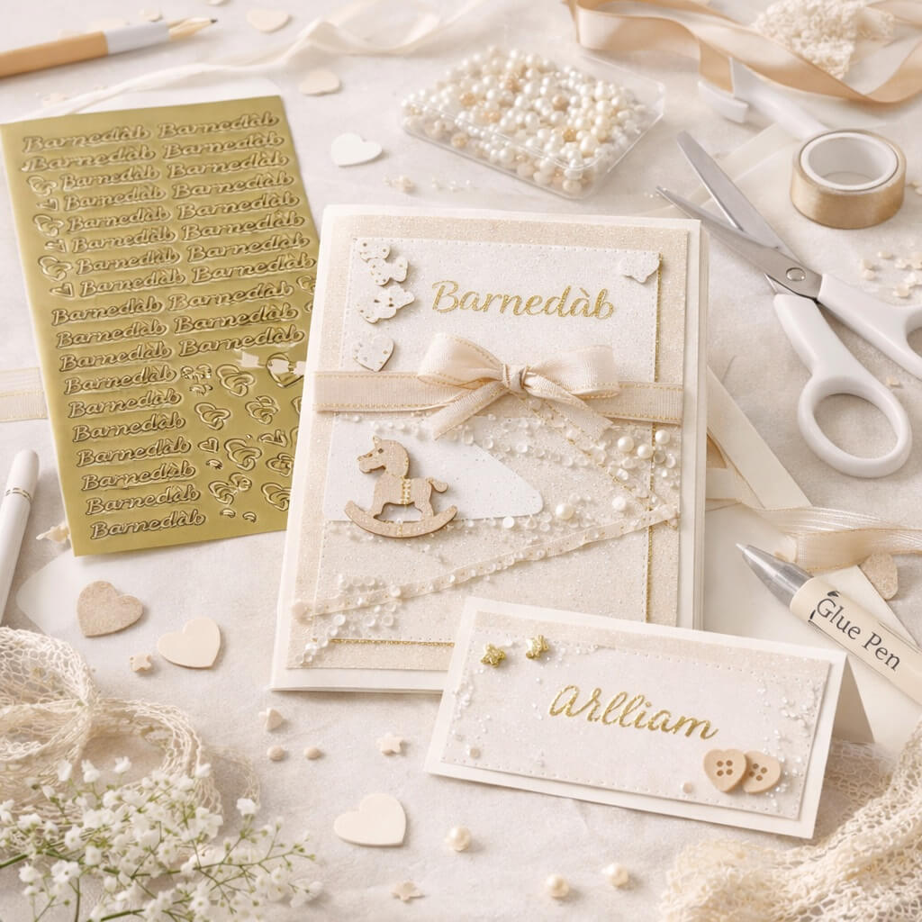 Stemningsbillede af barnedåb med guld stickers brugt til kortfremstilling, bordkort og kreative hobbyprojekter