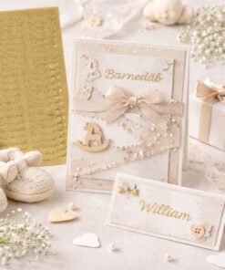 Stemningsbillede af barnedåb med guld stickers, håndlavet kort, bordkort og pynt i lyse, elegante nuancer