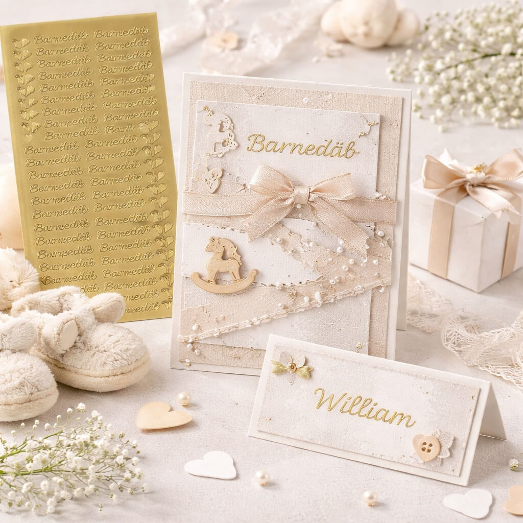 Stemningsbillede af barnedåb med guld stickers, håndlavet kort, bordkort og pynt i lyse, elegante nuancer