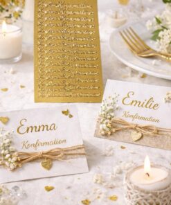Bordkort til konfirmation med guldtekst og stickers på pyntet festbord med blomster og lys