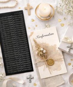 Sorte konfirmation stickers med tekst brugt på kort og kreativ bordpynt til konfirmation.