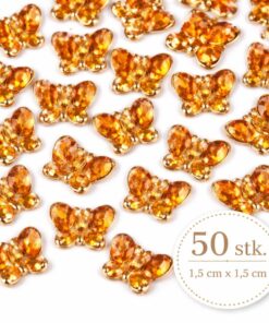 50 stk. guld rhinsten sommerfugle i 1,5 x 1,5 cm til kortfremstilling, scrapbooking og hobby